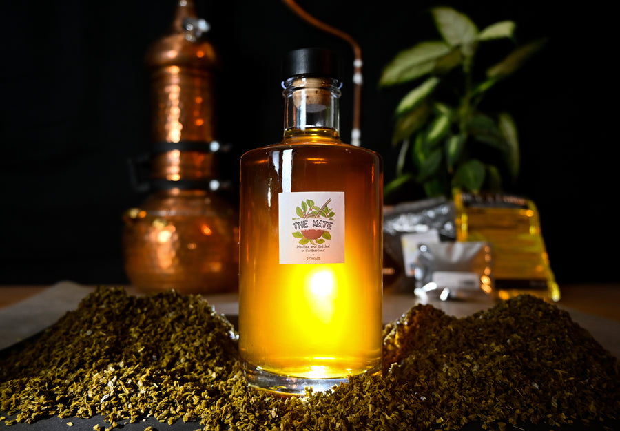 Picture of our final work showing a bottle of the original product in front of our destillery.